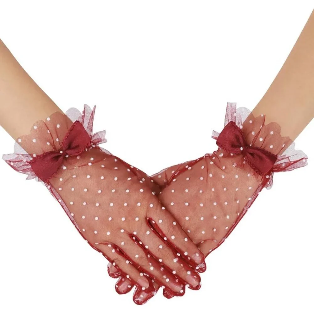 Women's Burgundy Short Polka Dot Lace Bow Mesh Party Wedding Bridal Gloves Prom